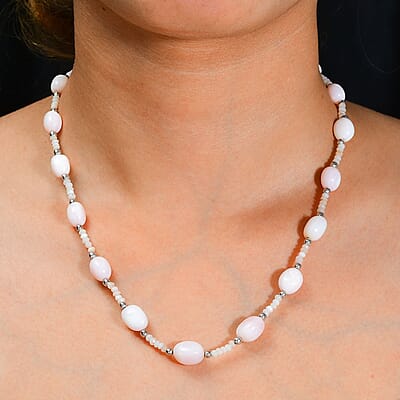 Pink Opal 80.00 ctw Beaded Necklace in Rhodium Over Sterling Silver 18-20 Inches