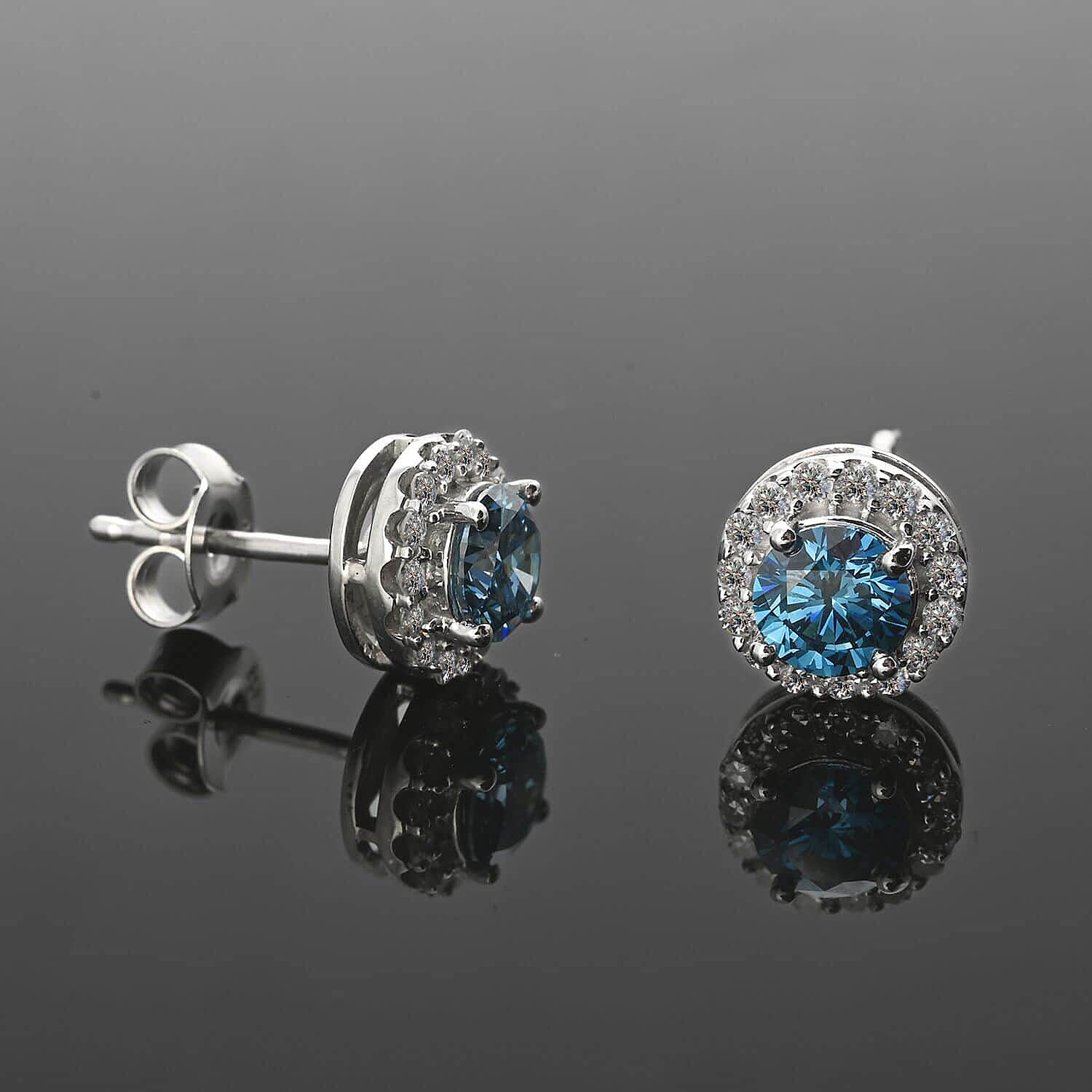 Luxuriant Lab Grown Blue Diamond (IR) and Lab Grown White Diamond VS-SI 1.50 ctw Halo Stud Earrings in Platinum Over Sterling Silver