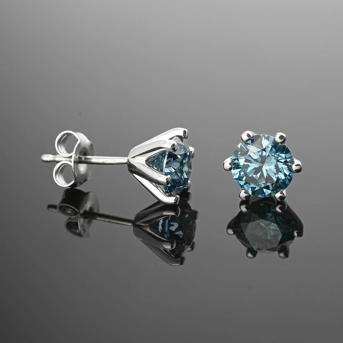 Luxuriant Lab Grown Blue Diamond VS-SI 2.10 ctw Stud Earrings in Platinum Over Sterling Silver image number 1