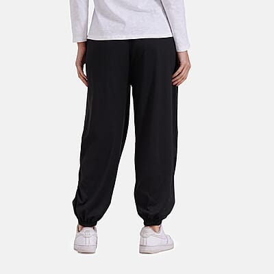 Black Knit Wear Smocked Waist Pant with Elastic Ankles