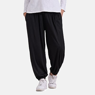 Black Knit Wear Smocked Waist Pant with Elastic Ankles