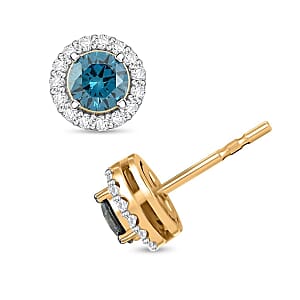 Luxuriant Lab Grown Blue Diamond (IR) and Lab Grown White Diamond VS-SI 1.50 ctw Halo Stud Earrings in Vermeil Yellow Gold Over Sterling Silver
