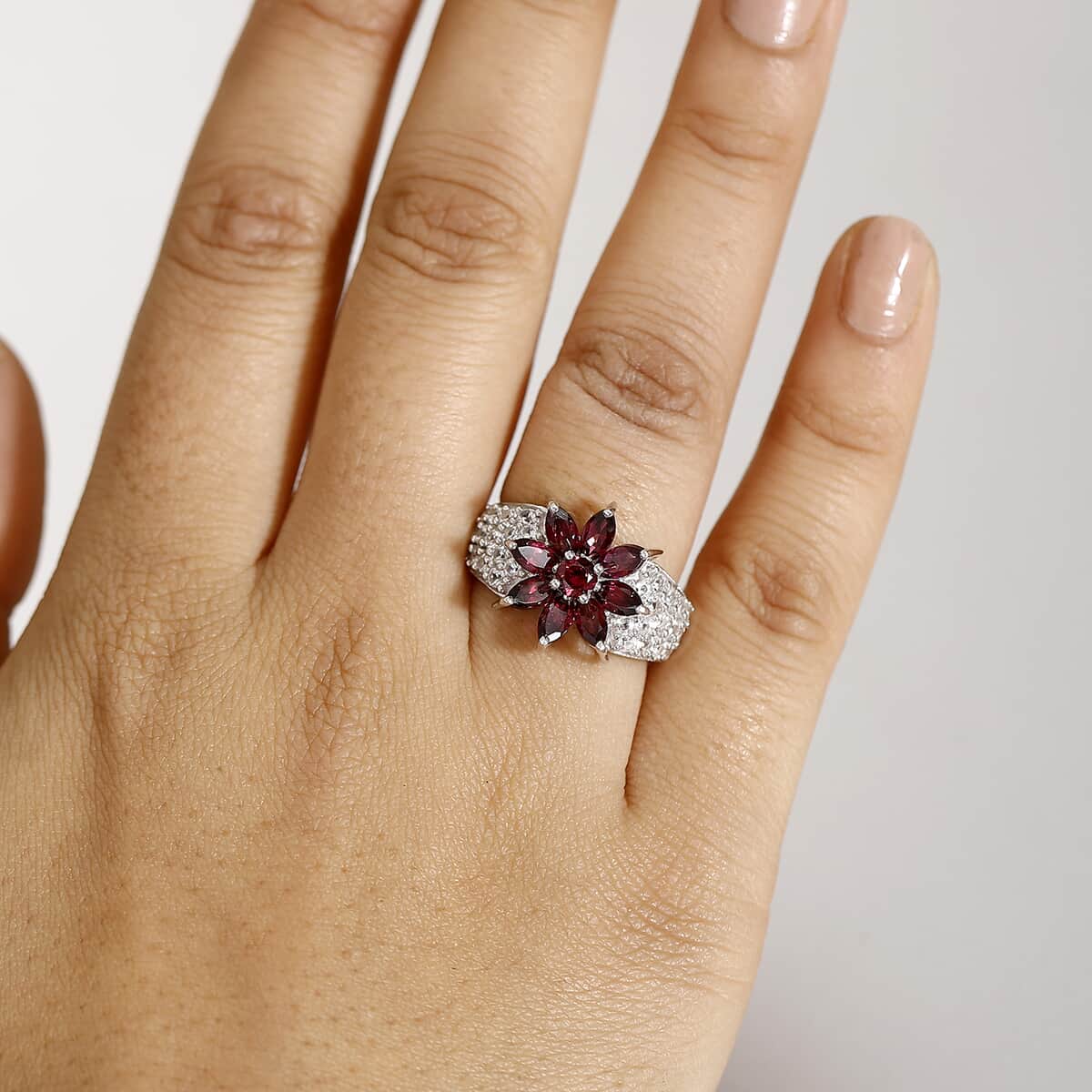 Premium Orissa Rhodolite Garnet and White Zircon 5.00 ctw Flower Ring in Rhodium Over Sterling Silver (Size 10.0) image number 2