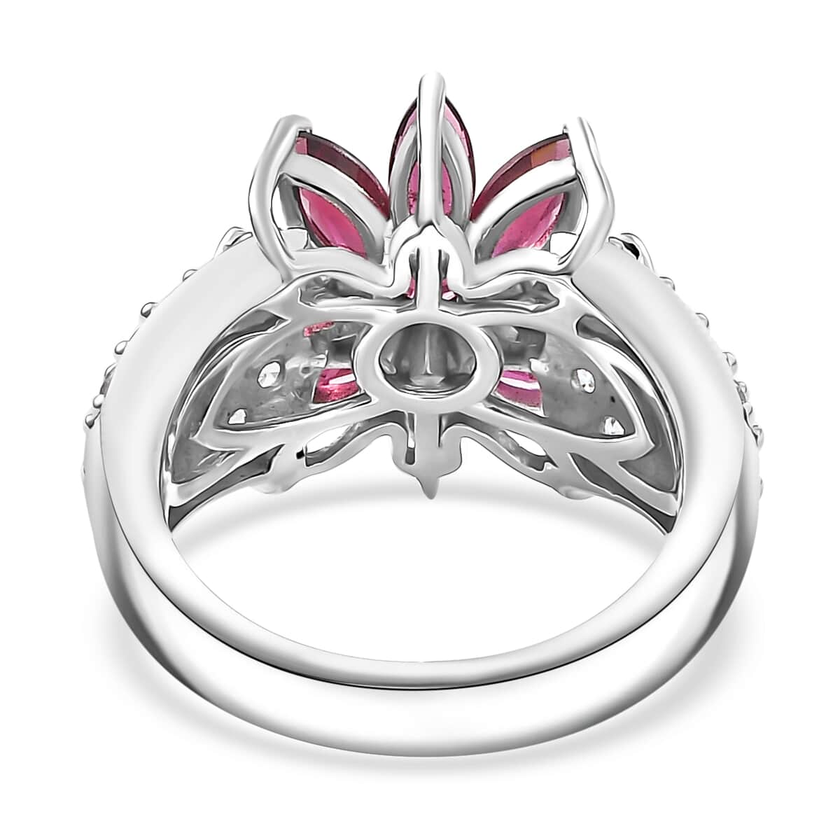 Premium Orissa Rhodolite Garnet and White Zircon 5.00 ctw Flower Ring in Rhodium Over Sterling Silver (Size 10.0) image number 4