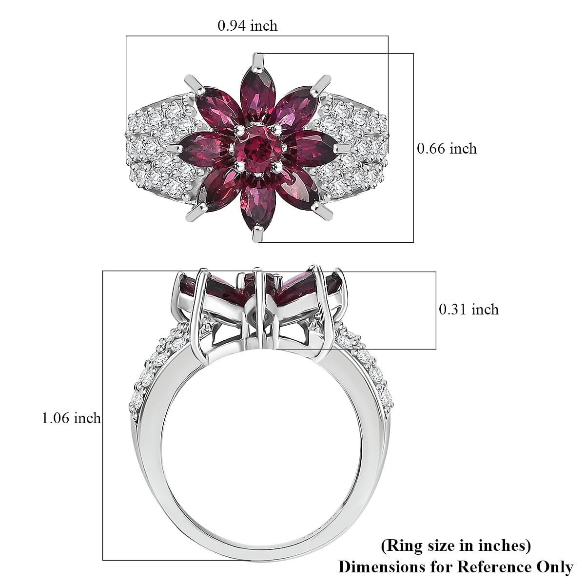 D'Joy Premium Orissa Rhodolite Garnet and White Zircon 5.00 ctw Flower Ring in Rhodium Over Sterling Silver (Size 10.0)