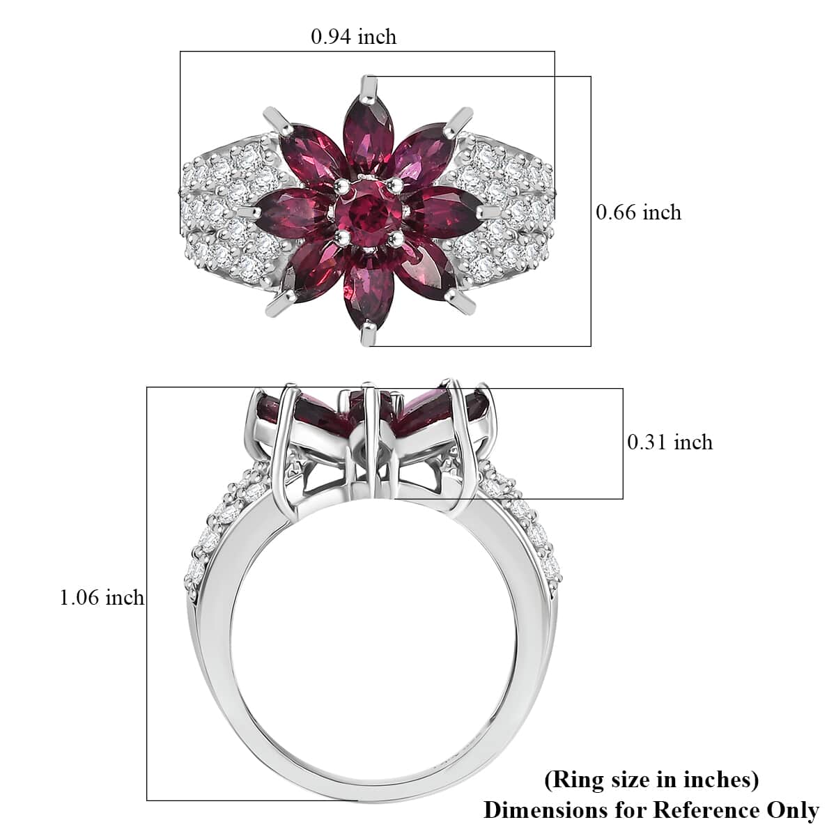 Premium Orissa Rhodolite Garnet and White Zircon 5.00 ctw Flower Ring in Rhodium Over Sterling Silver (Size 10.0) image number 5