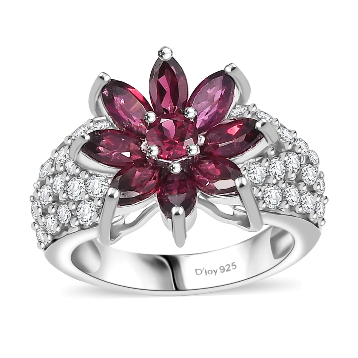 Premium Orissa Rhodolite Garnet and White Zircon 5.00 ctw Flower Ring in Rhodium Over Sterling Silver (Size 6.0) image number 0