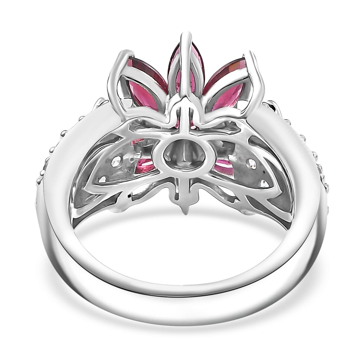 Premium Orissa Rhodolite Garnet and White Zircon 5.00 ctw Flower Ring in Rhodium Over Sterling Silver (Size 6.0) image number 4
