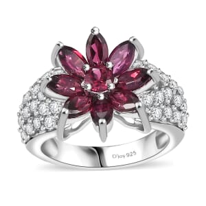 D'Joy Premium Orissa Rhodolite Garnet and White Zircon 5.00 ctw Flower Ring in Rhodium Over Sterling Silver (Size 7.0)