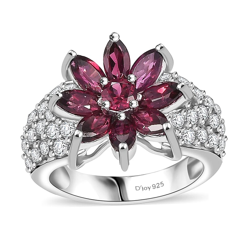 D'Joy Premium Orissa Rhodolite Garnet and White Zircon 5.00 ctw Flower Ring in Rhodium Over Sterling Silver (Size 8.0)