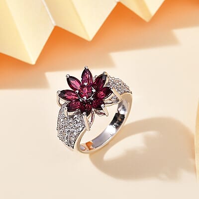 D'Joy Premium Orissa Rhodolite Garnet and White Zircon 5.00 ctw Flower Ring in Rhodium Over Sterling Silver (Size 8.0)