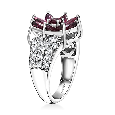 D'Joy Premium Orissa Rhodolite Garnet and White Zircon 5.00 ctw Flower Ring in Rhodium Over Sterling Silver (Size 8.0)