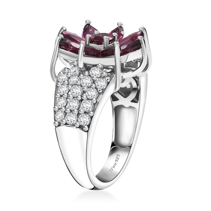 D'Joy Premium Orissa Rhodolite Garnet and White Zircon 5.00 ctw Flower Ring in Rhodium Over Sterling Silver (Size 8.0)