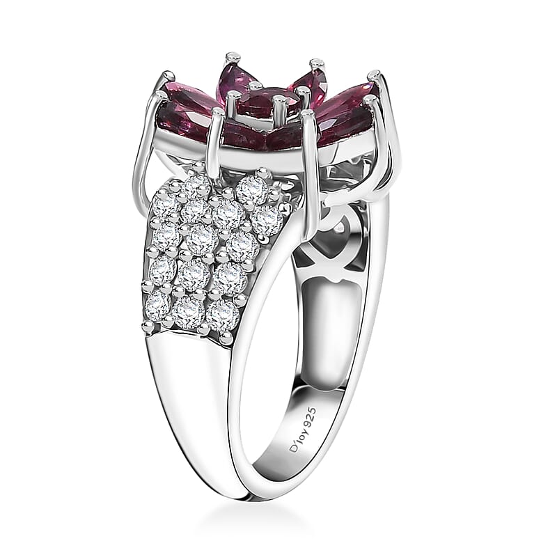 D'Joy Premium Orissa Rhodolite Garnet and White Zircon 5.00 ctw Flower Ring in Rhodium Over Sterling Silver (Size 8.0)