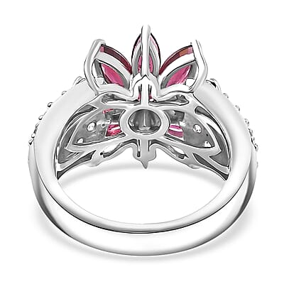 D'Joy Premium Orissa Rhodolite Garnet and White Zircon 5.00 ctw Flower Ring in Rhodium Over Sterling Silver (Size 8.0)