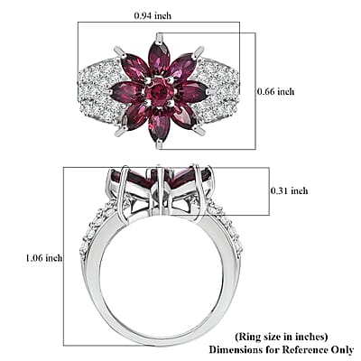 D'Joy Premium Orissa Rhodolite Garnet and White Zircon 5.00 ctw Flower Ring in Rhodium Over Sterling Silver (Size 8.0)