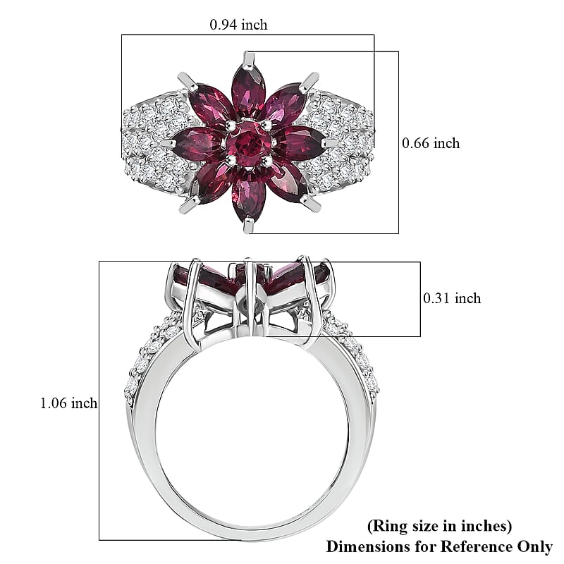D'Joy Premium Orissa Rhodolite Garnet and White Zircon 5.00 ctw Flower Ring in Rhodium Over Sterling Silver (Size 8.0)