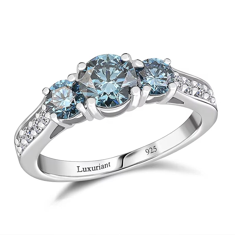 Luxuriant Lab Grown Blue and White Diamond VS 1.50 ctw Trinity Ring in Platinum Over Sterling Silver (Size 10.0)
