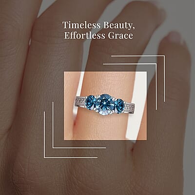 Luxuriant Lab Grown Blue and White Diamond VS 1.50 ctw Trinity Ring in Platinum Over Sterling Silver (Size 10.0)