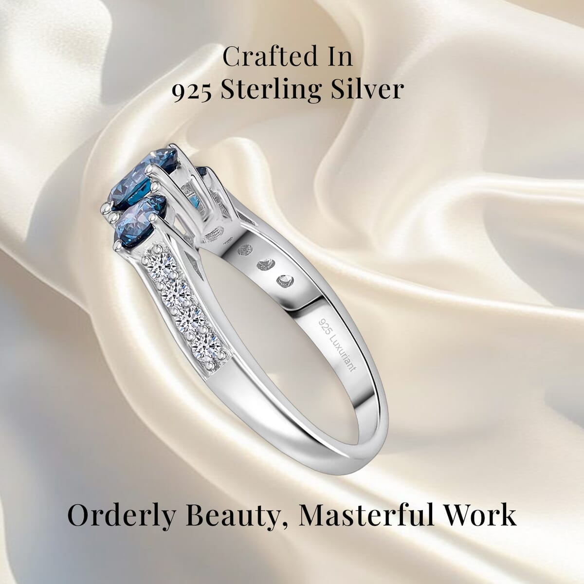 Luxuriant Lab Grown Blue and White Diamond VS 1.50 ctw Trinity Ring in Platinum Over Sterling Silver (Size 10.0) image number 2