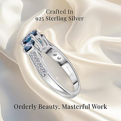 Luxuriant Lab Grown Blue and White Diamond VS 1.50 ctw Trinity Ring in Platinum Over Sterling Silver (Size 10.0)