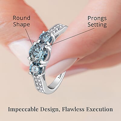 Luxuriant Lab Grown Blue and White Diamond VS 1.50 ctw Trinity Ring in Platinum Over Sterling Silver (Size 10.0)