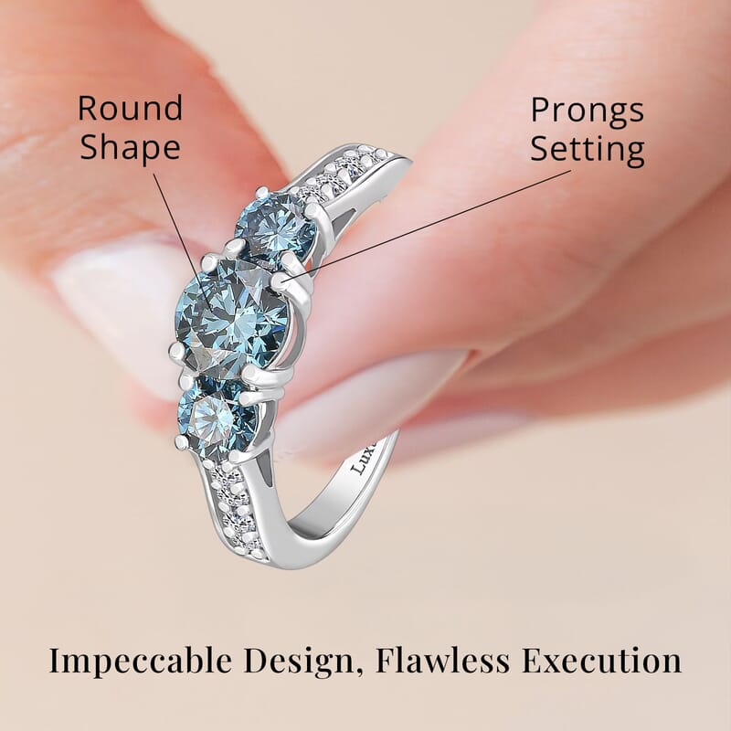 Luxuriant Lab Grown Blue and White Diamond VS 1.50 ctw Trinity Ring in Platinum Over Sterling Silver (Size 10.0)