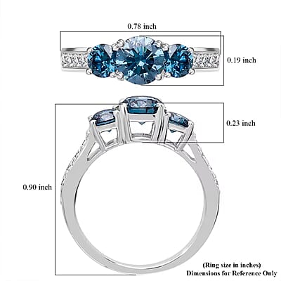 Luxuriant Lab Grown Blue and White Diamond VS 1.50 ctw Trinity Ring in Platinum Over Sterling Silver (Size 10.0)