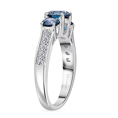 Luxuriant Lab Grown Blue and White Diamond VS 1.50 ctw Trinity Ring in Platinum Over Sterling Silver (Size 10.0)