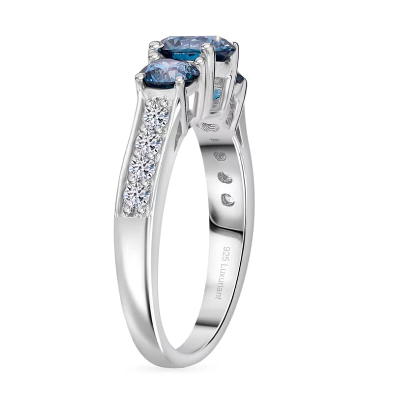 Luxuriant Lab Grown Blue and White Diamond VS 1.50 ctw Trinity Ring in Platinum Over Sterling Silver (Size 10.0)