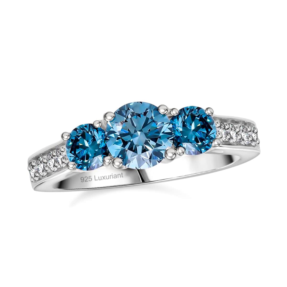 Luxuriant Lab Grown Blue and White Diamond VS 1.50 ctw Trinity Ring in Platinum Over Sterling Silver (Size 6.0) image number 0