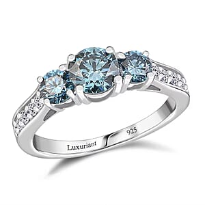 Luxuriant Lab Grown Blue and White Diamond VS 1.50 ctw Trinity Ring in Platinum Over Sterling Silver (Size 6.0)