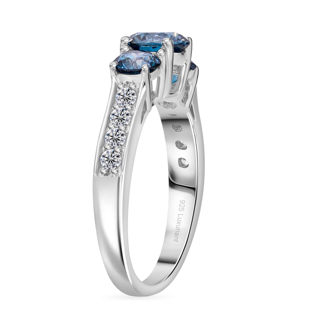 Luxuriant Lab Grown Blue and White Diamond VS 1.50 ctw Trinity Ring in Platinum Over Sterling Silver (Size 6.0) image number 2