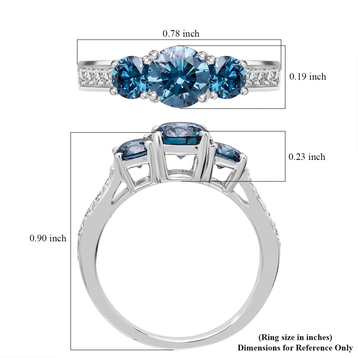 Luxuriant Lab Grown Blue and White Diamond VS 1.50 ctw Trinity Ring in Platinum Over Sterling Silver (Size 6.0) image number 4