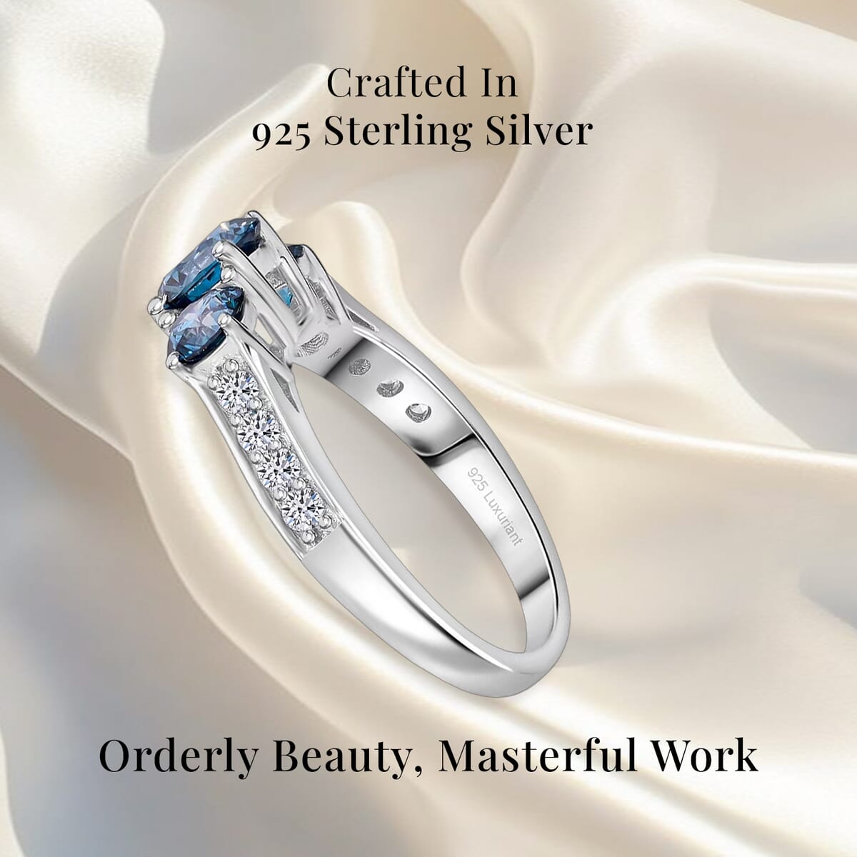 Luxuriant Lab Grown Blue and White Diamond VS 1.50 ctw Trinity Ring in Platinum Over Sterling Silver (Size 9.0) (Del. in 10-12 Days) image number 2