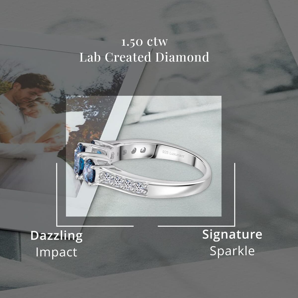 Luxuriant Lab Grown Blue and White Diamond VS 1.50 ctw Trinity Ring in Platinum Over Sterling Silver (Size 9.0) (Del. in 10-12 Days) image number 4