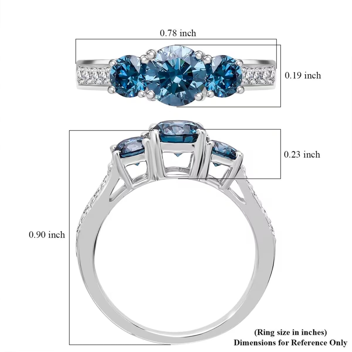 Luxuriant Lab Grown Blue and White Diamond VS 1.50 ctw Trinity Ring in Platinum Over Sterling Silver (Size 9.0) (Del. in 10-12 Days) image number 7