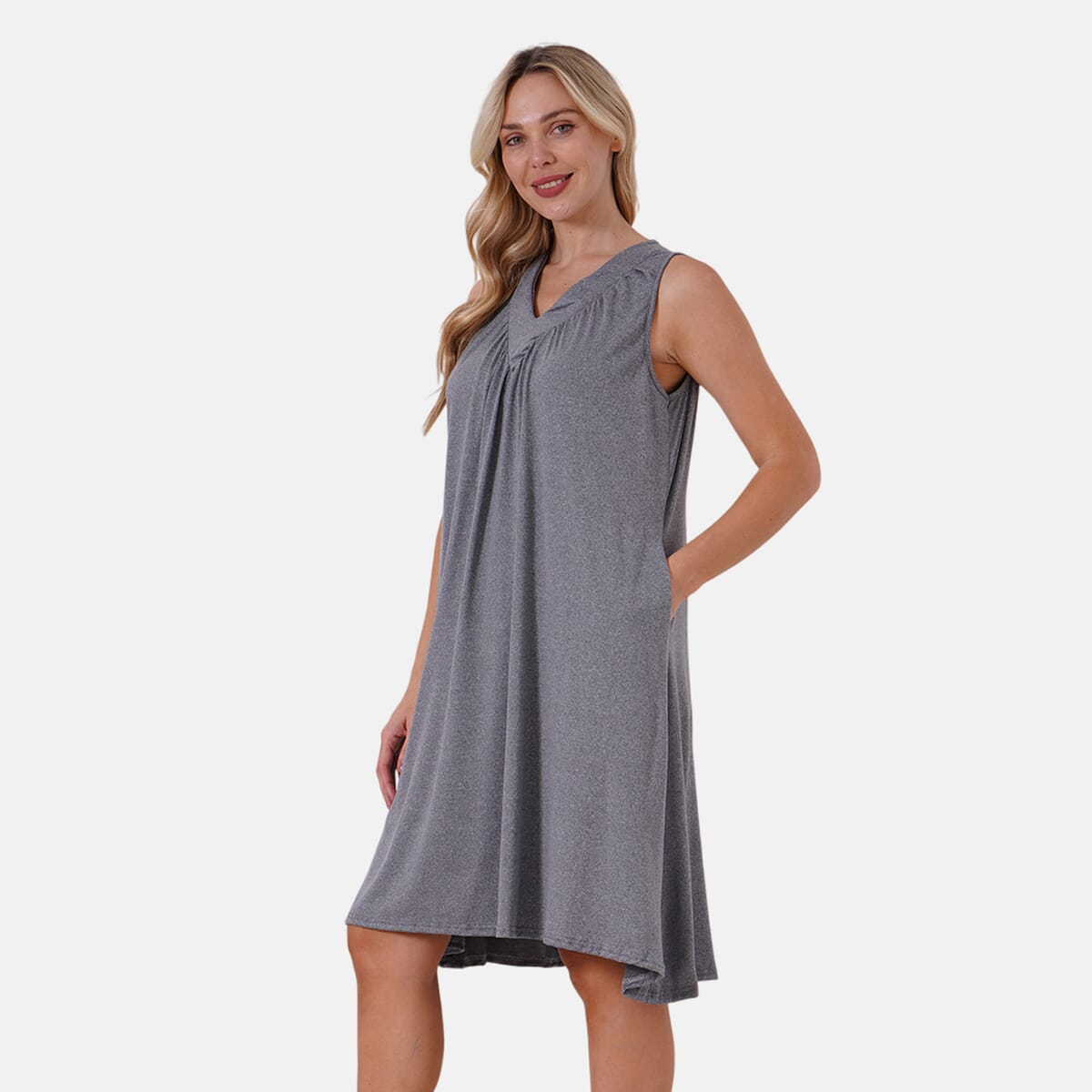 Gray Sleeveless Midi Lounge V-neck Dress - One Size Fits Most image number 2