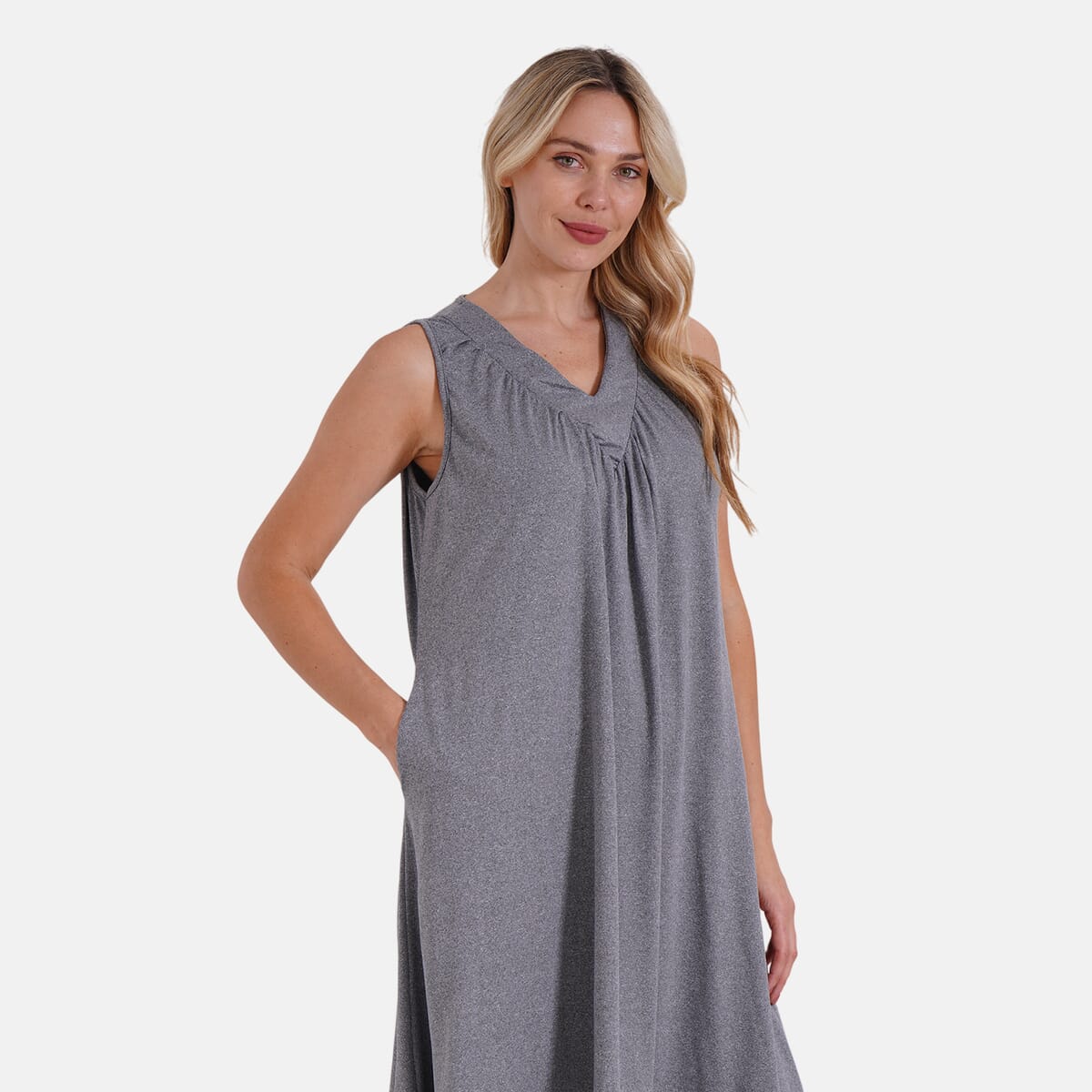 Gray Sleeveless Midi Lounge V-neck Dress - One Size Fits Most image number 3