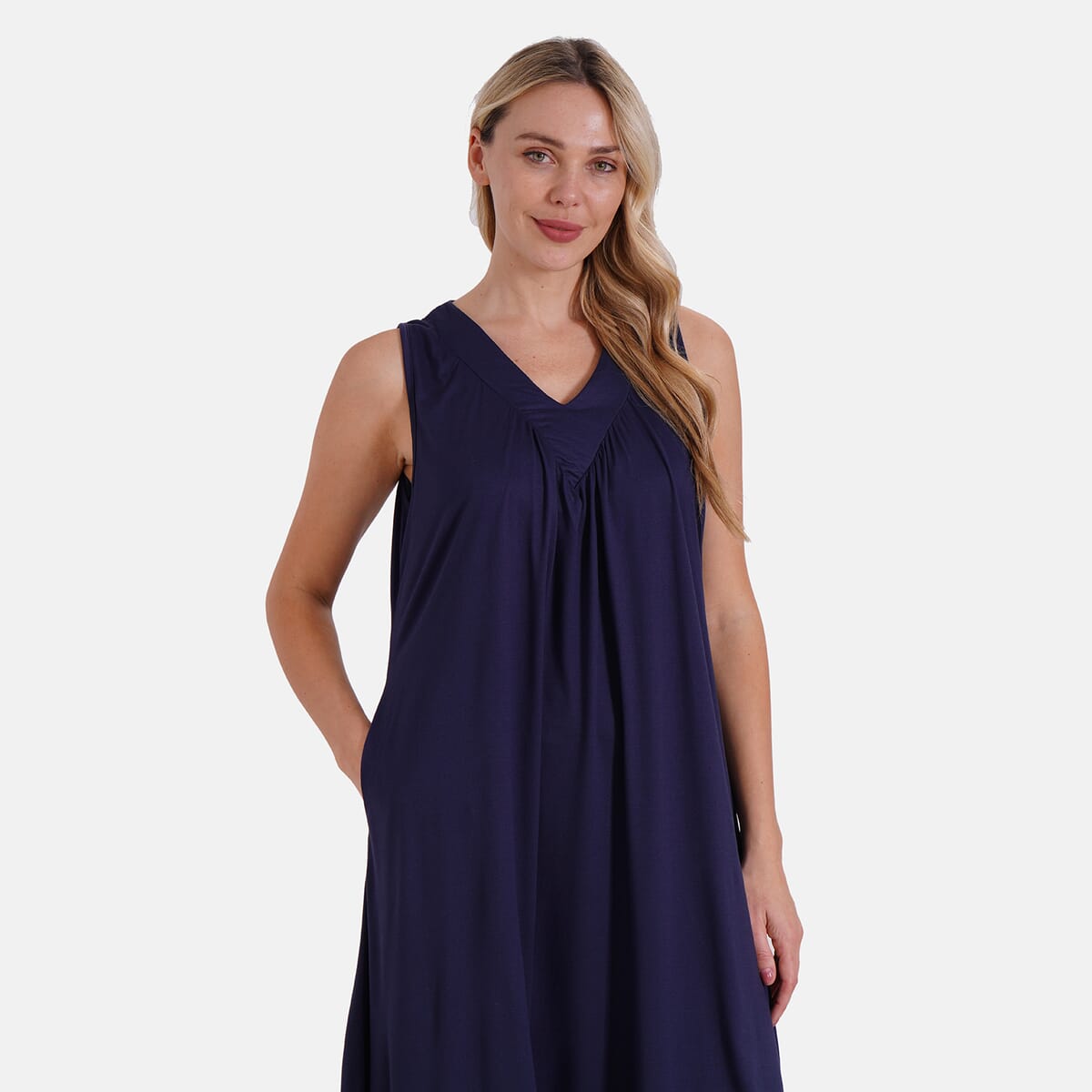 Navy Sleeveless Midi Lounge V-neck Dress - One Size Fits Most image number 3