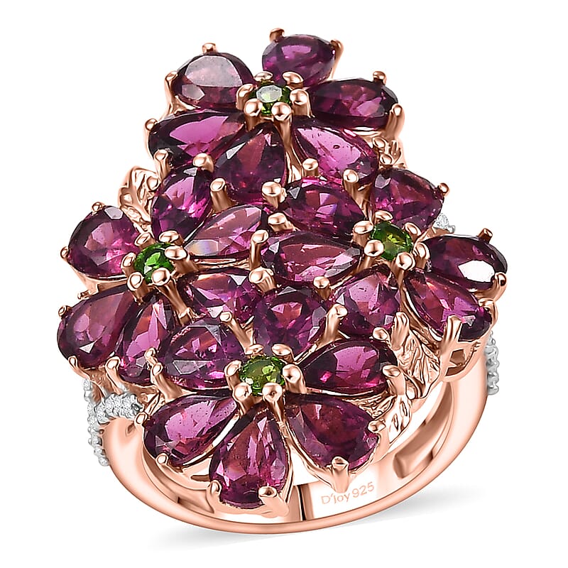 D'Joy Premium Orissa Rhodolite Garnet and Multi Gemstone 12.60 ctw Bunch of Flower Ring in 18K Vermeil Rose Gold Over Sterling Silver (Size 10.0)