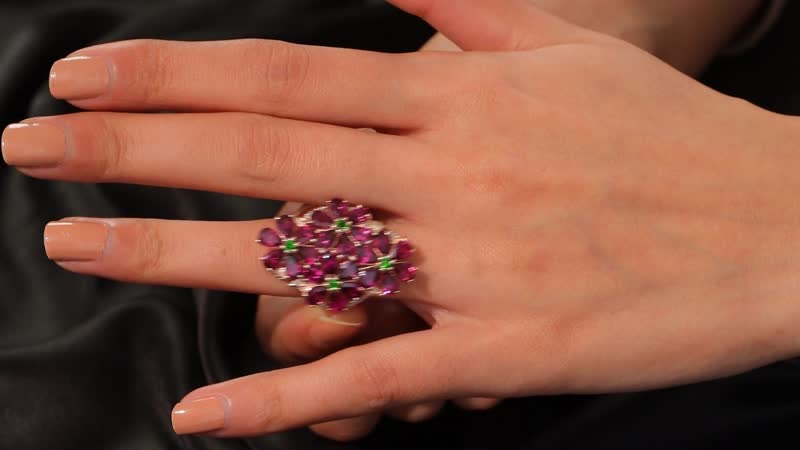 Premium Orissa Rhodolite Garnet, Multi Gemstone Bunch of Flower Ring in 18K Vermeil RG Over Sterling Silver (Size 10.0) 12.60 ctw