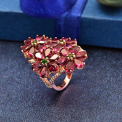 D'Joy Premium Orissa Rhodolite Garnet and Multi Gemstone 12.60 ctw Bunch of Flower Ring in 18K Vermeil Rose Gold Over Sterling Silver (Size 10.0)