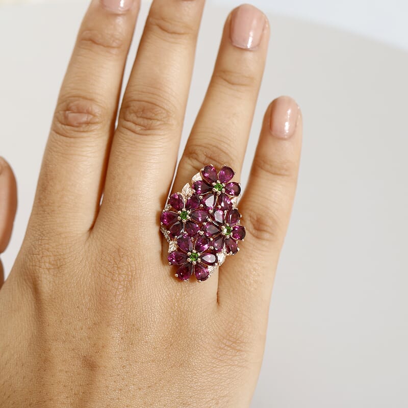 D'Joy Premium Orissa Rhodolite Garnet and Multi Gemstone 12.60 ctw Bunch of Flower Ring in 18K Vermeil Rose Gold Over Sterling Silver (Size 10.0)
