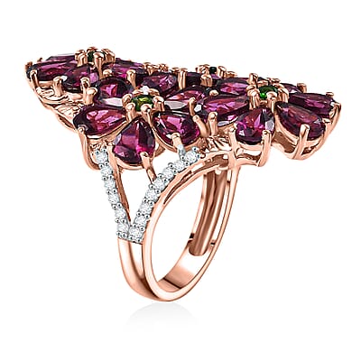 D'Joy Premium Orissa Rhodolite Garnet and Multi Gemstone 12.60 ctw Bunch of Flower Ring in 18K Vermeil Rose Gold Over Sterling Silver (Size 10.0)