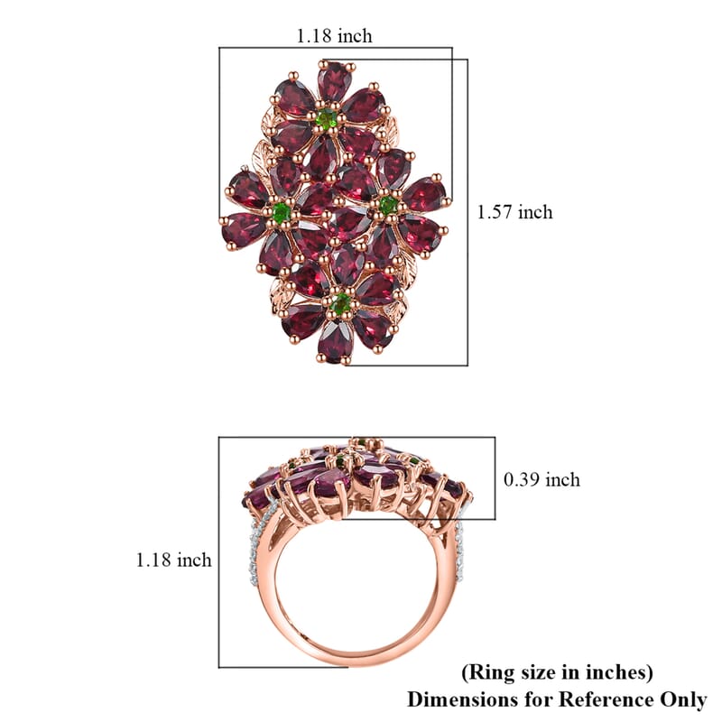 D'Joy Premium Orissa Rhodolite Garnet and Multi Gemstone 12.60 ctw Bunch of Flower Ring in 18K Vermeil Rose Gold Over Sterling Silver (Size 10.0)