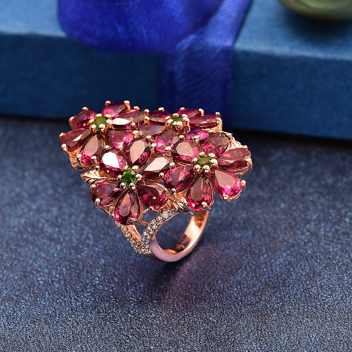 D'Joy Premium Orissa Rhodolite Garnet and Multi Gemstone 12.60 ctw Bunch of Flower Ring in 18K Vermeil Rose Gold Over Sterling Silver (Size 9.0) image number 1
