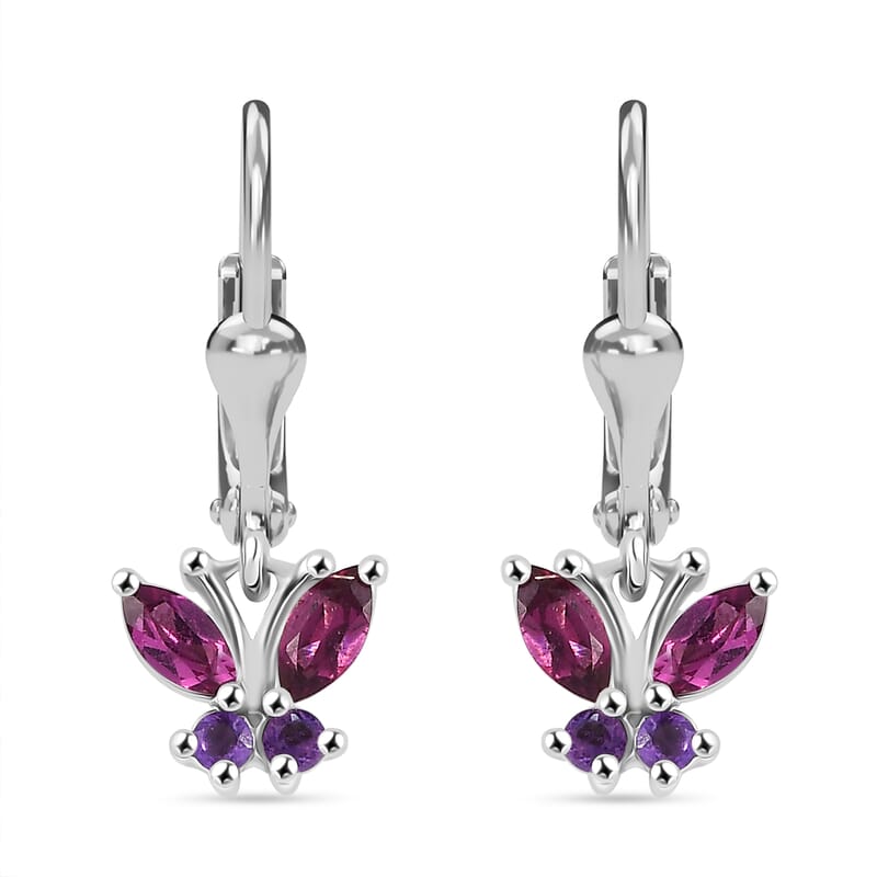 D'Joy Premium Orissa Rhodolite Garnet and African Amethyst 0.90 ctw Butterfly Earrings in Rhodium Over Sterling Silver