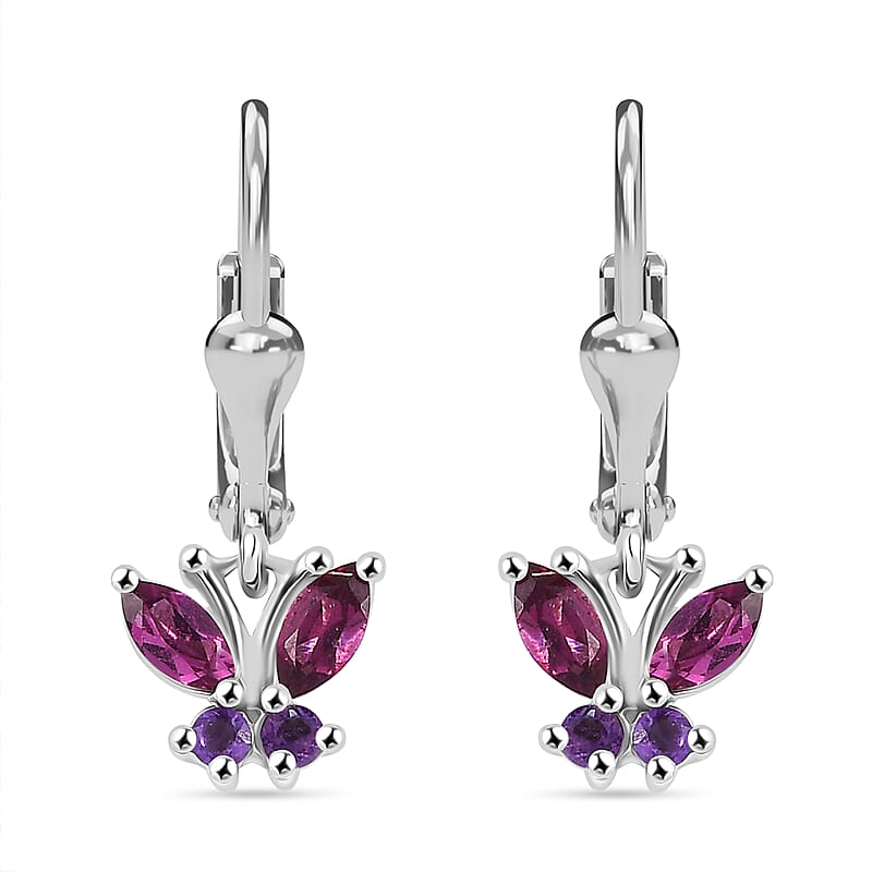 D'Joy Premium Orissa Rhodolite Garnet and African Amethyst 0.90 ctw Butterfly Earrings in Rhodium Over Sterling Silver
