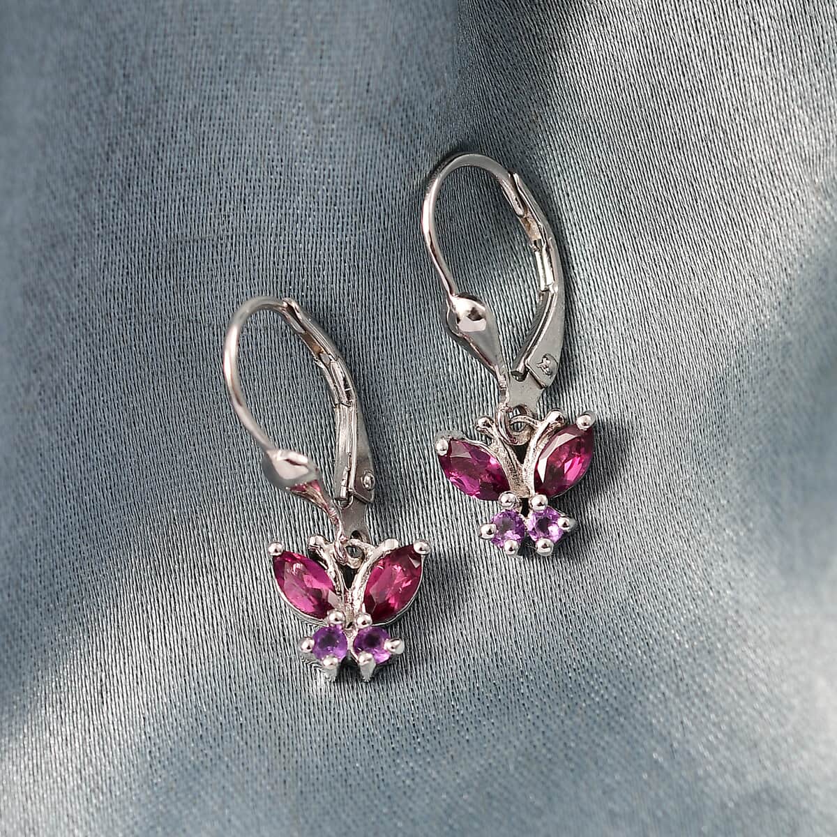 Premium Orissa Rhodolite Garnet and African Amethyst 0.90 ctw Butterfly Earrings in Rhodium Over Sterling Silver image number 1